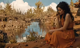 a woman sitting on the ground near water