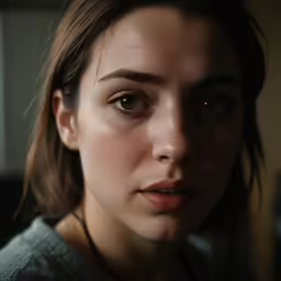 a woman with a serious look is looking up