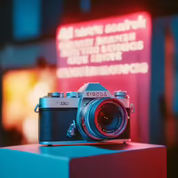 a very nice camera sitting on a red stand