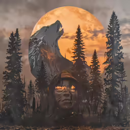 an artistic scene with a wolf head