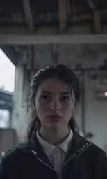 a woman looks to the side and stares into the camera