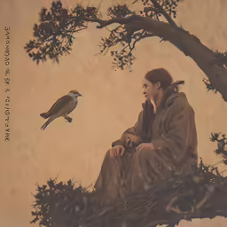 a woman sits on a tree branch and watches an eagle