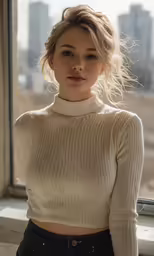 a beautiful woman in tight jeans posing near a window