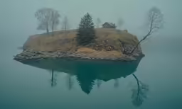 an island on the side of a lake in fog