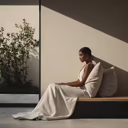 a woman sitting on a bench, wearing a white gown