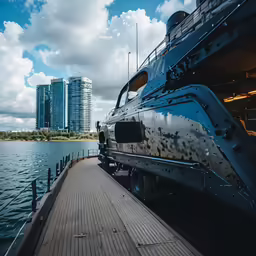 the boat is in front of a beautiful city