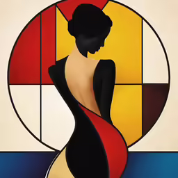 an abstract painting depicting a woman in black dress