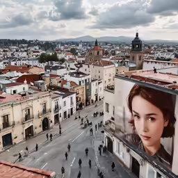 looking down at a city street with a poster
