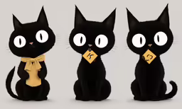 three animated black cats with white eyes and one has a yellow bandanna around its neck
