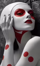 a woman is painted red and white with her eyes closed