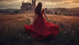 a woman standing in the middle of a field at sunset