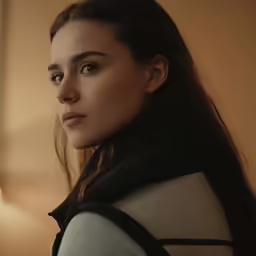 a woman looks at something with an intense look