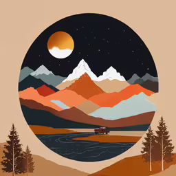 a large poster of a mountain and the moon,an image of the mountains are shown with a full moon in the background