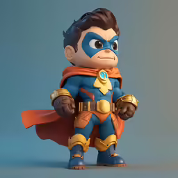 a small action figure wearing an orange cape