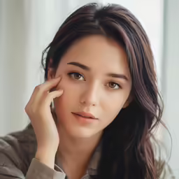 a young woman looks up and poses for the camera
