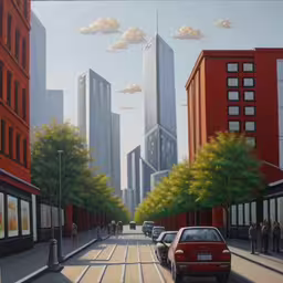 a painting of a city with cars on it