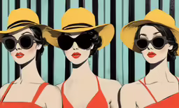 two women wearing large sun glasses and matching hats