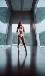 a girl in the mirror with her hands behind her waist