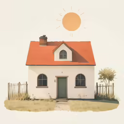 a white house with a red roof and a sun above
