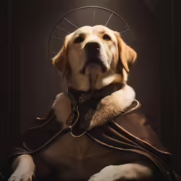 a dog wearing a collar, standing on a brown blanket