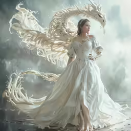 a woman in a white gown standing in front of a white dragon