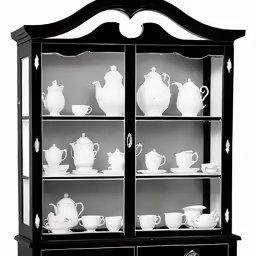 a china cabinet with many white porcelain teapots