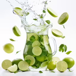 limes are cut and squeezed into a pitcher