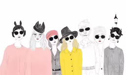 five people with sunglasses on their faces and one person wearing the same hat