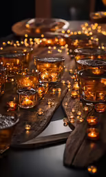 some cups and candles are on a wooden table
