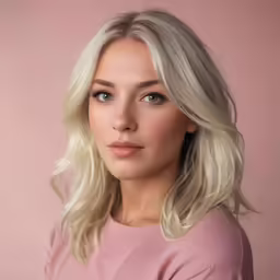a woman wearing a pink shirt with her long blond hair
