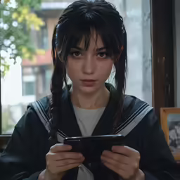 a girl in a baseball uniform looking at an electronic device
