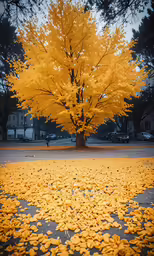 a yellow tree in the middle of an open park