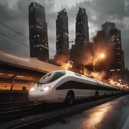 a white and black train on train tracks at night