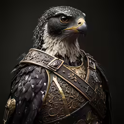 an eagle is pictured wearing leather armor and holding a sword