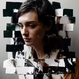 a young girl is shown in an image made of squares and other paper cuts