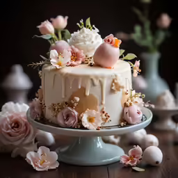 a cake decorated with flowers and birds sits on a cake plate