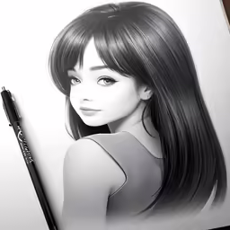 a drawing of a young girl wearing long dark hair
