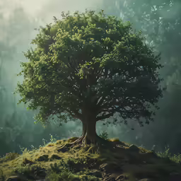 this is a painting of a large tree in the middle of a lush green field