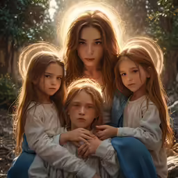 three children in front of a religious image
