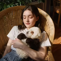 the girl is hugging her stuffed animal while sitting on a chair