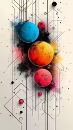 a painting with lots of different shapes and colors,three spheres that are painted on top of each other