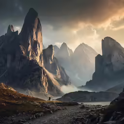 a man with a donkey grazes in front of mountains and cloudy sky