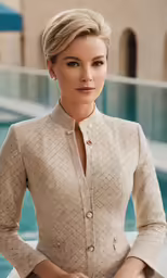 a woman standing by the pool in a dress