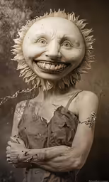 a creepy looking girl with her head and hair blow dried