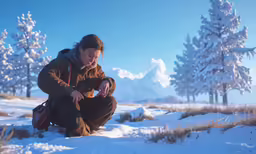 woman sitting in snow next to evergreen trees