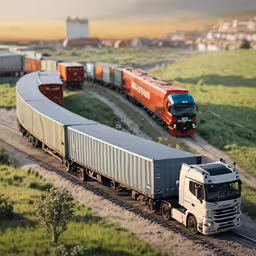 a long cargo train with two long red and orange trains passing it,the truck is going down the tracks through the country