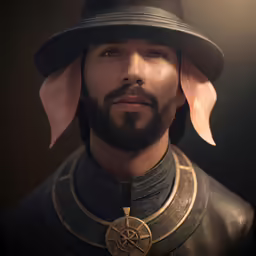 a male in a long coat, black hat and collar has a golden button