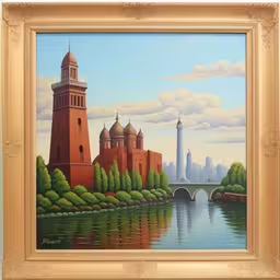a painting of a clock tower by a river,an oil painting of a castle and bridge over water