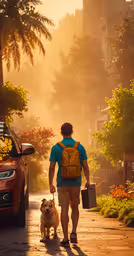 the man and the dog walk down the road,a man walking down a pathway with a dog