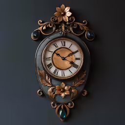 a decorative, wall - mounted clock on a dark wall